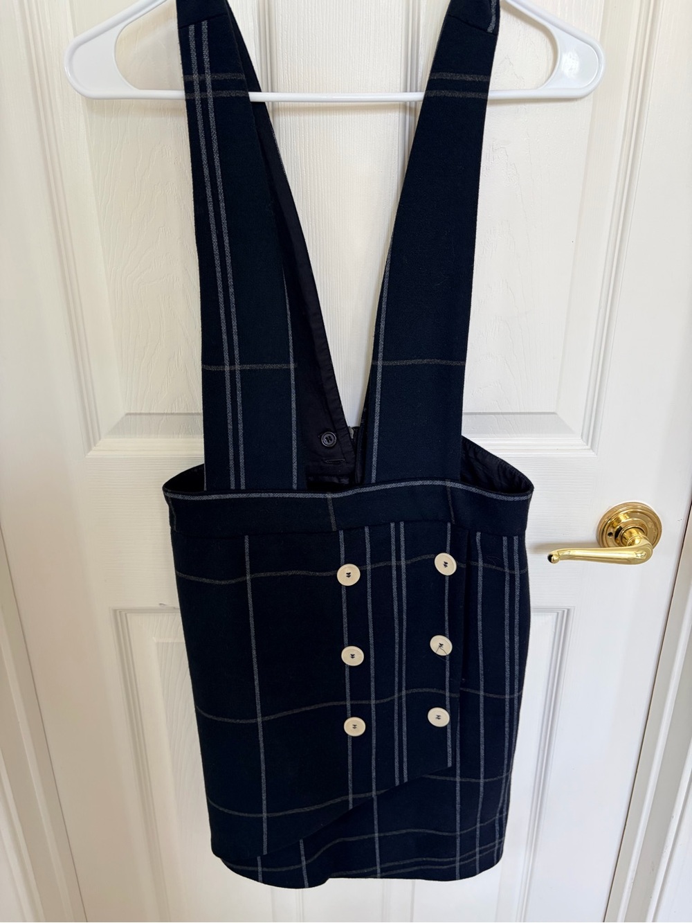 Maje Navy Plaid Suspender Skirt/Dress with asymmetrical front. Size 40/US 6/8